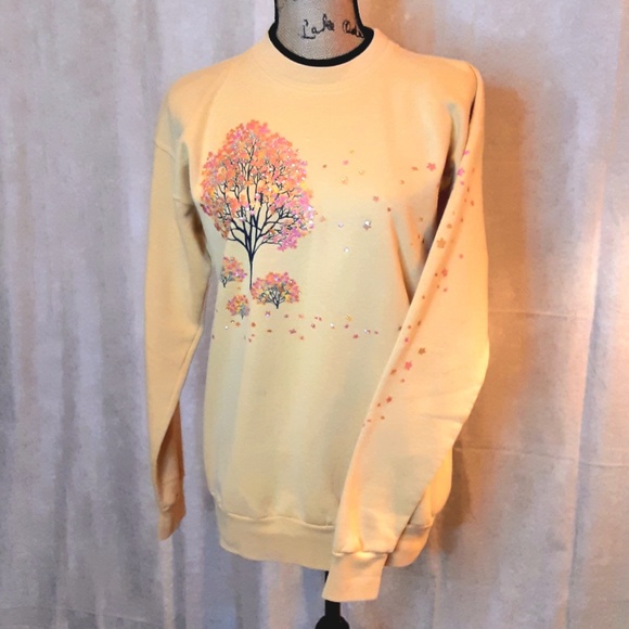Golden Autumn Sweatshirt with Glittery Rose Gold Fall Tree Design Sz S - Picture 2 of 11